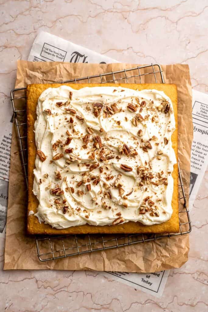 Sweet Potato Cake with Cream Cheese Frosting is soft, moist, and full of warm spice. It's a cozy fall dessert everyone will love. | aheadofthyme.com