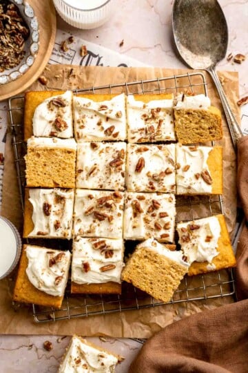 Sweet Potato Cake with Cream Cheese Frosting is soft, moist, and full of warm spice. It's a cozy fall dessert everyone will love. | aheadofthyme.com