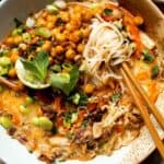 Creamy Thai Coconut Soup with Chickpeas is a cozy, protein-packed vegetarian noodle soup with a rich coconut curry broth and bold flavor. | aheadofthyme.com