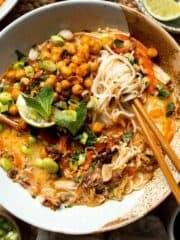 Creamy Thai Coconut Soup with Chickpeas is a cozy, protein-packed vegetarian noodle soup with a rich coconut curry broth and bold flavor. | aheadofthyme.com