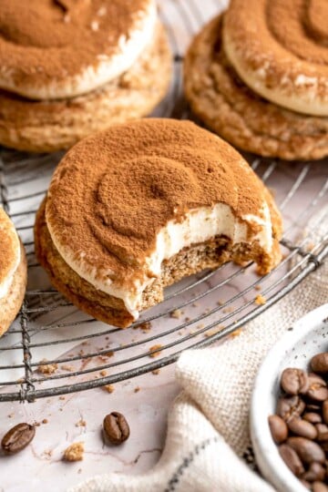Tiramisu Cookies are soft espresso cookies topped with fluffy mascarpone cream and a dusting of cocoa. Elegant, easy, and perfect for coffee lovers. | aheadofthyme.com