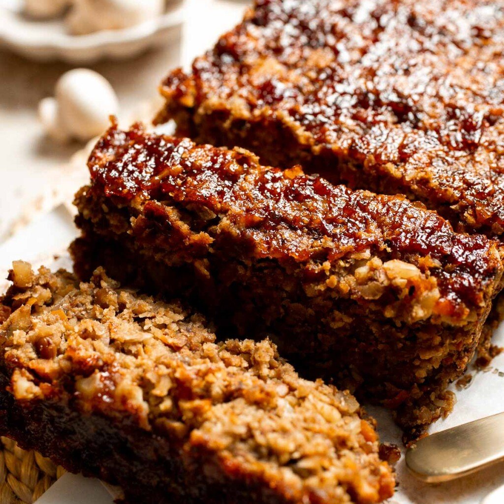 Vegetarian Meatloaf made with lentils, mushrooms, vegetables, and walnuts is hearty, flavorful, and satisfying with a sweet tangy glaze. | aheadofthyme.com