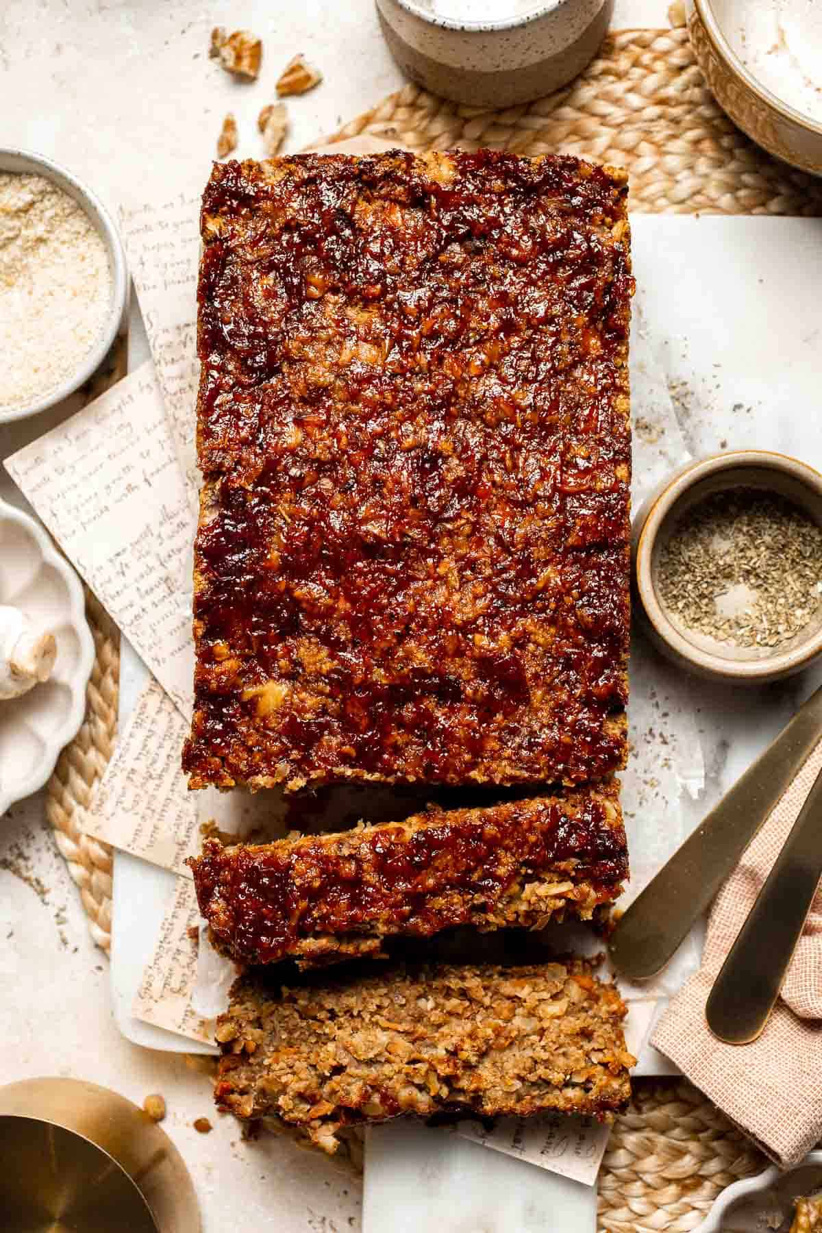 Vegetarian Meatloaf made with lentils, mushrooms, vegetables, and walnuts is hearty, flavorful, and satisfying with a sweet tangy glaze. | aheadofthyme.com