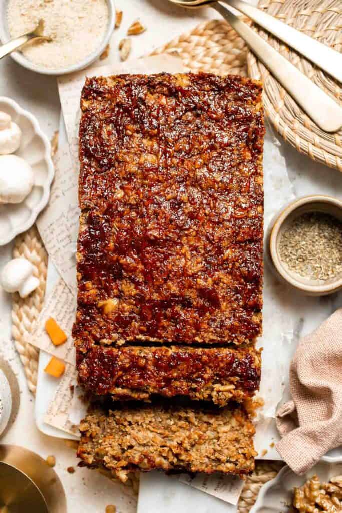Vegetarian Meatloaf made with lentils, mushrooms, vegetables, and walnuts is hearty, flavorful, and satisfying with a sweet tangy glaze. | aheadofthyme.com