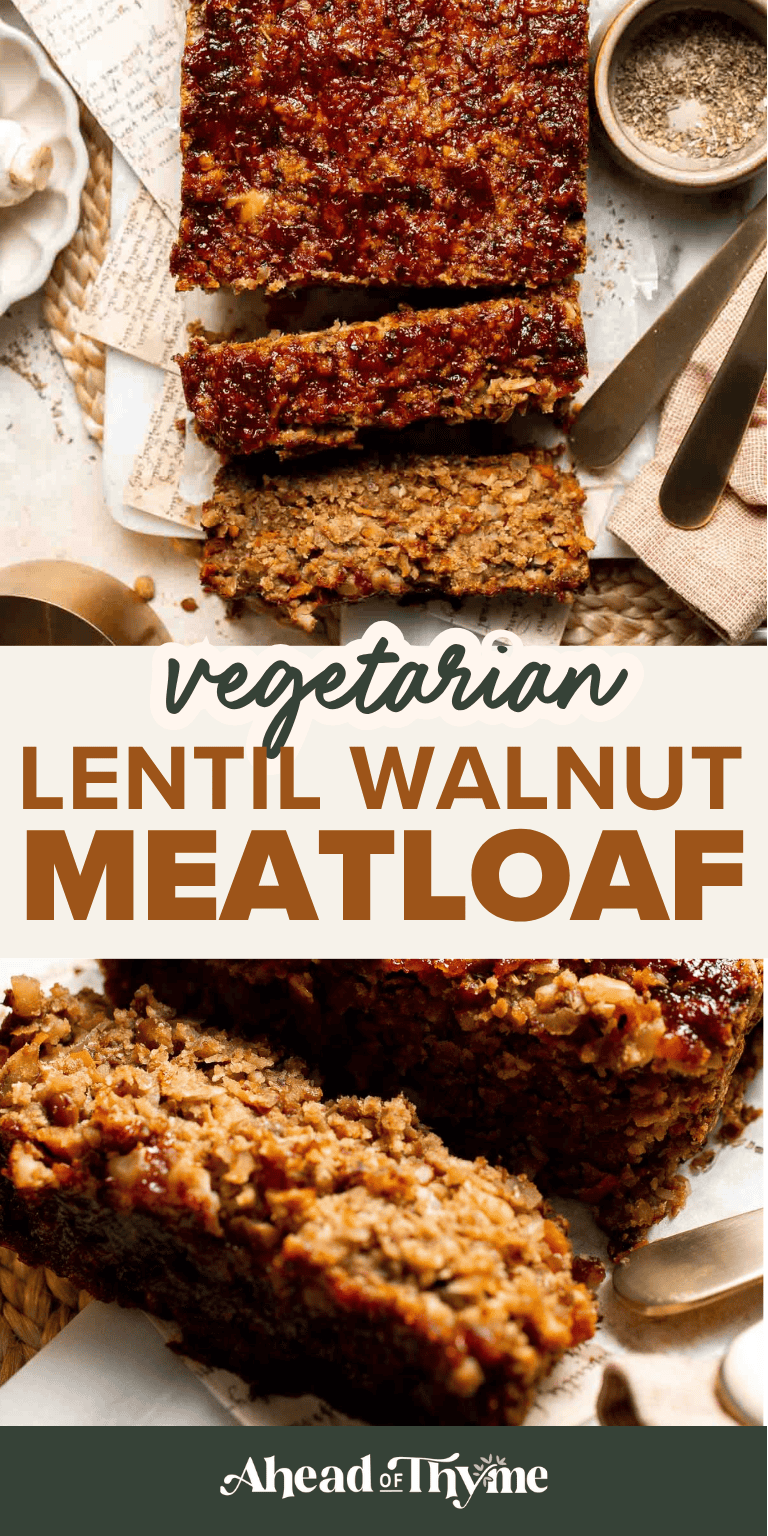 Vegetarian Meatloaf made with lentils, mushrooms, vegetables, and walnuts is hearty, flavorful, and satisfying with a sweet tangy glaze. | aheadofthyme.com
