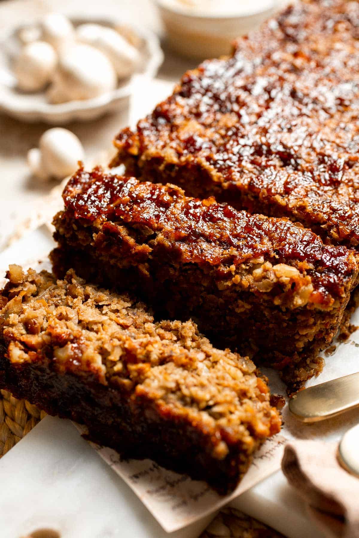 Vegetarian Meatloaf made with lentils, mushrooms, vegetables, and walnuts is hearty, flavorful, and satisfying with a sweet tangy glaze. | aheadofthyme.com