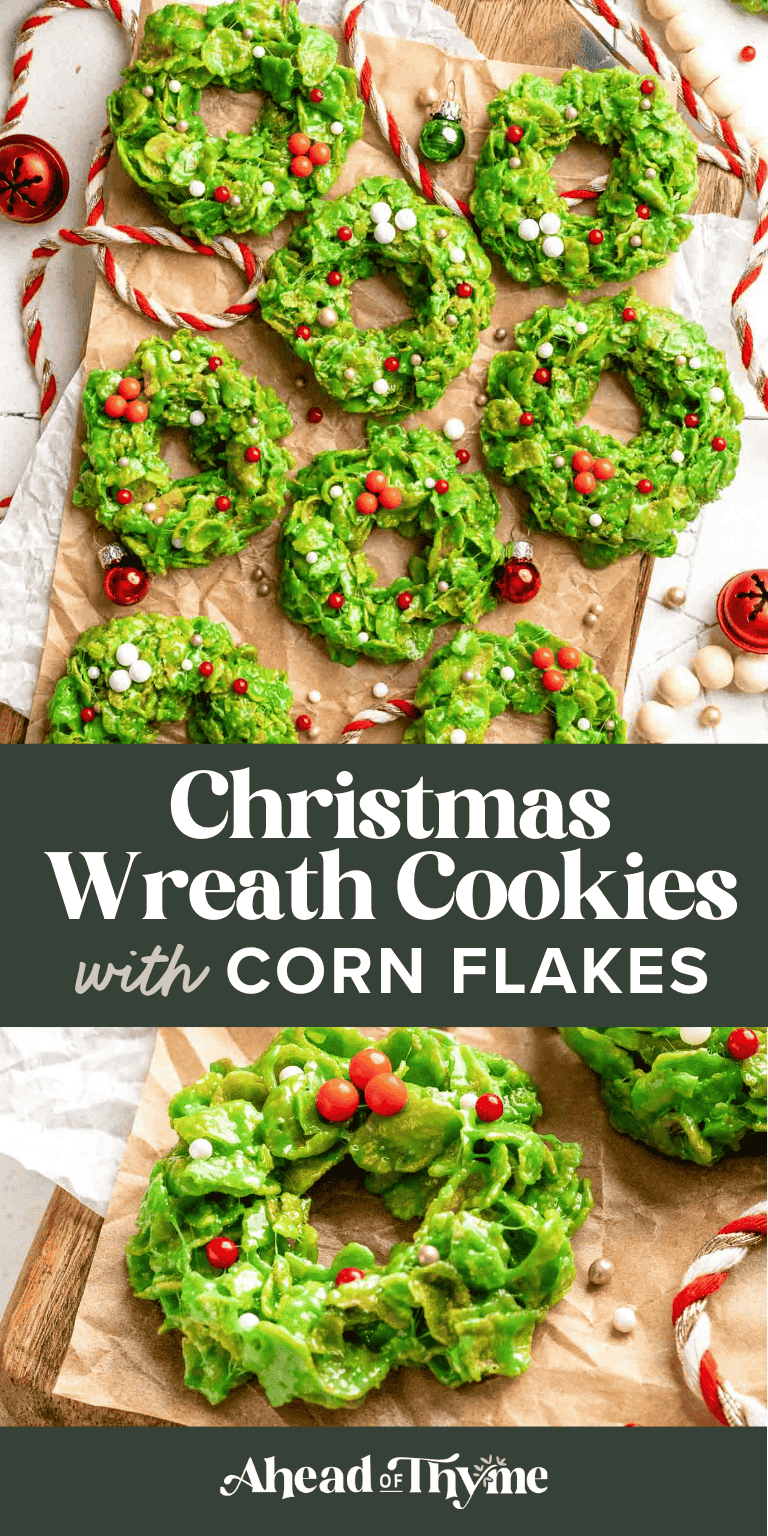 Easy no bake Cornflake Christmas Wreath Cookies made with marshmallows, butter, and green food coloring. They're fun, festive holiday treats everyone loves! | aheadofthyme.com
