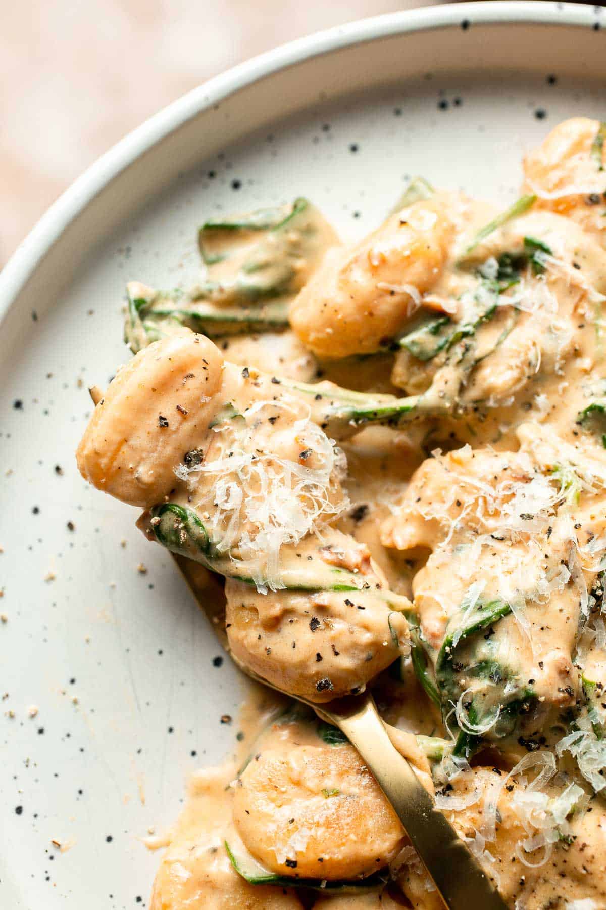 This creamy Tuscan gnocchi is a quick one pan dinner with sun dried tomatoes, spinach, garlic, and Parmesan. | aheadofthyme.com