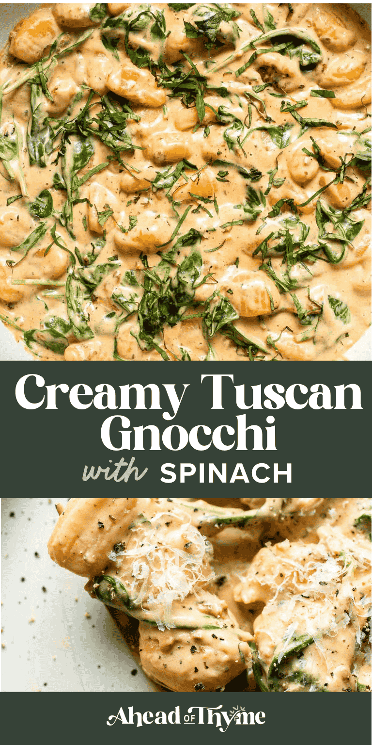 This creamy Tuscan gnocchi is a quick one pan dinner with sun dried tomatoes, spinach, garlic, and Parmesan. | aheadofthyme.com