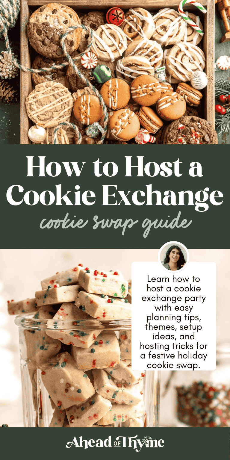 Learn how to host a cookie exchange party with easy planning tips, themes, invitations, setup ideas, and hosting tricks for a festive holiday cookie swap. | aheadofthyme.com
