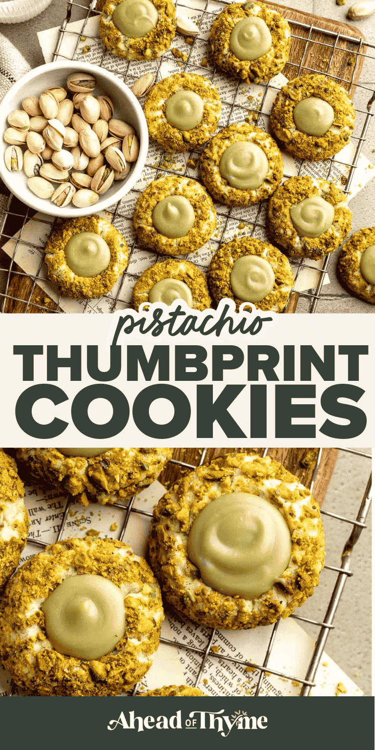 Buttery pistachio thumbprint cookies filled with pistachio white chocolate ganache that bake into elegant, nutty holiday treats perfect for gifting. | aheadofthyme.com