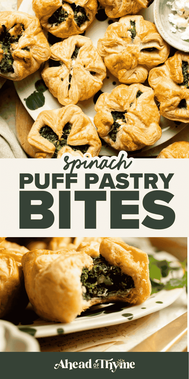 Flaky spinach puff pastry bites filled with sautéed spinach, feta, and parmesan. An easy, crowd pleasing appetizer for any occasion. | aheadofthyme.com