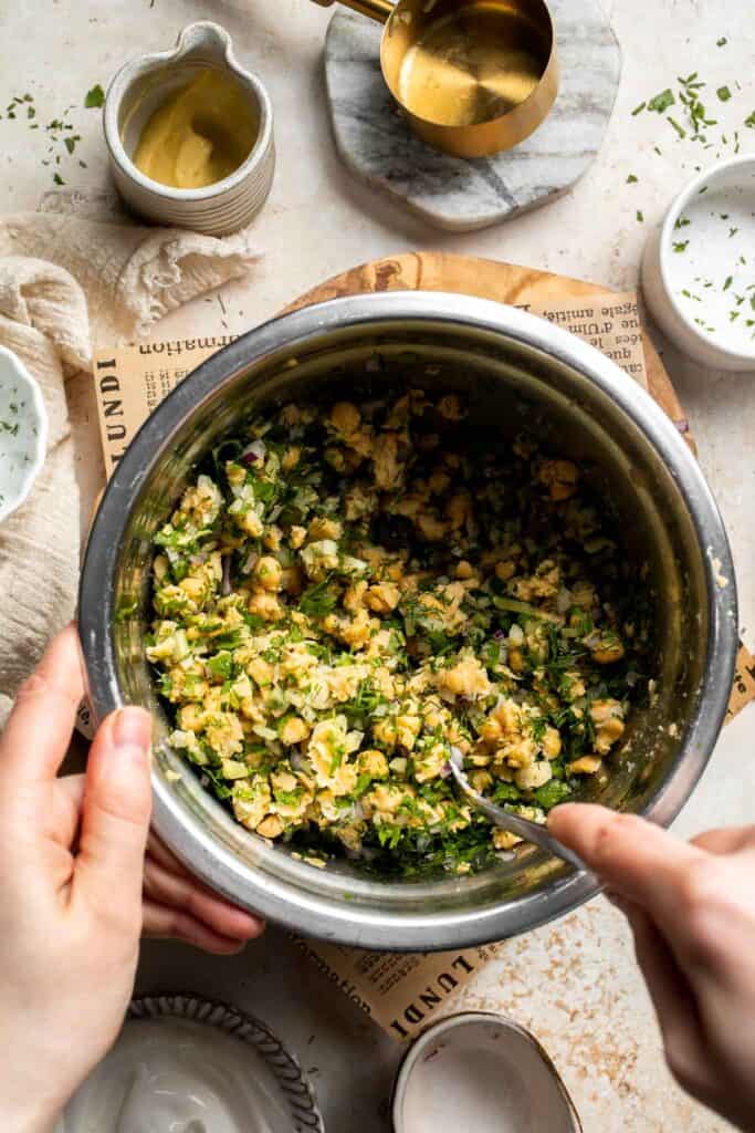 Vegan chickpea salad sandwich made with simple ingredients, creamy texture, and fresh herbs. Easy, healthy chickpea tuna salad alternative. | aheadofthyme.com