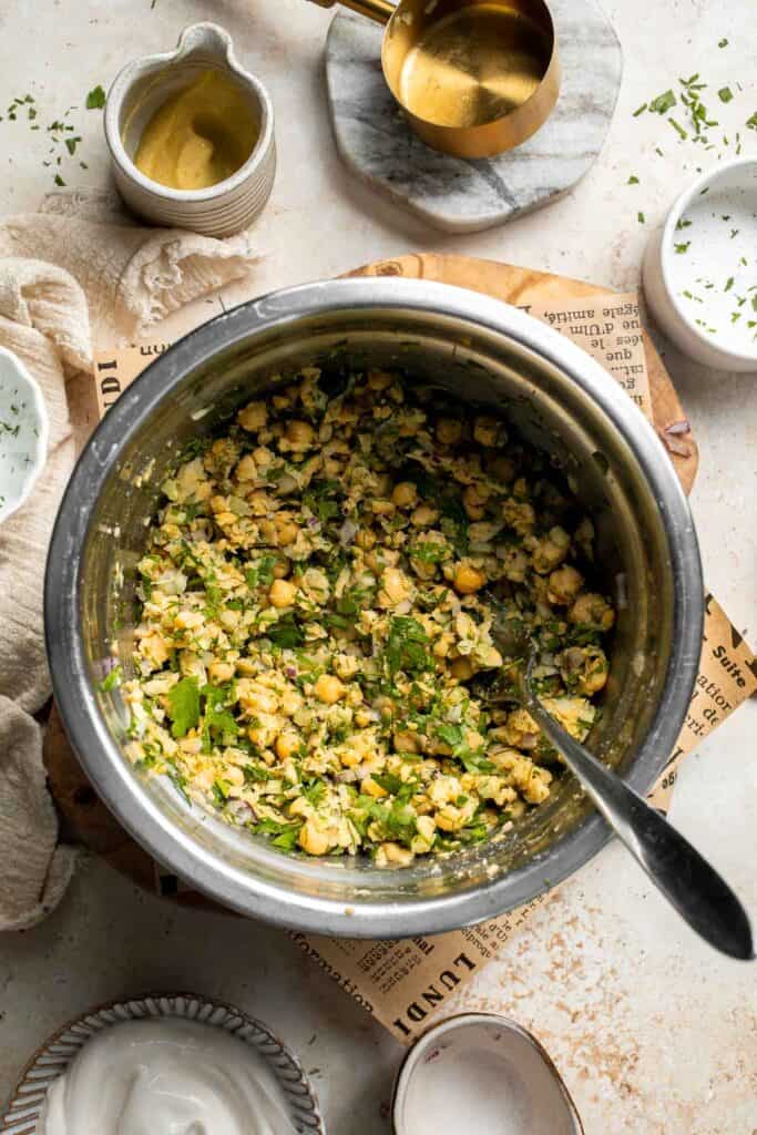 Vegan chickpea salad sandwich made with simple ingredients, creamy texture, and fresh herbs. Easy, healthy chickpea tuna salad alternative. | aheadofthyme.com