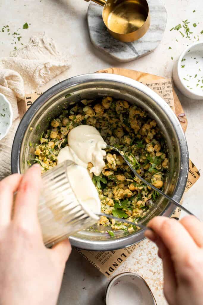 Vegan chickpea salad sandwich made with simple ingredients, creamy texture, and fresh herbs. Easy, healthy chickpea tuna salad alternative. | aheadofthyme.com