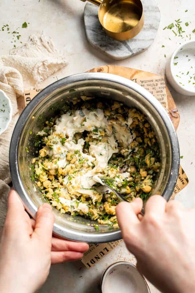 Vegan chickpea salad sandwich made with simple ingredients, creamy texture, and fresh herbs. Easy, healthy chickpea tuna salad alternative. | aheadofthyme.com