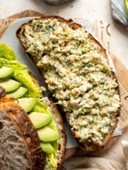 Vegan chickpea salad sandwich made with simple ingredients, creamy texture, and fresh herbs. Easy, healthy chickpea tuna salad alternative. | aheadofthyme.com