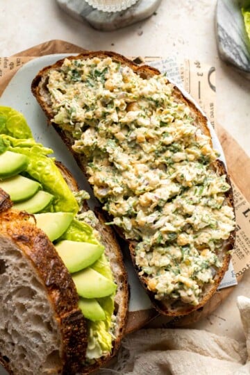 Vegan chickpea salad sandwich made with simple ingredients, creamy texture, and fresh herbs. Easy, healthy chickpea tuna salad alternative. | aheadofthyme.com