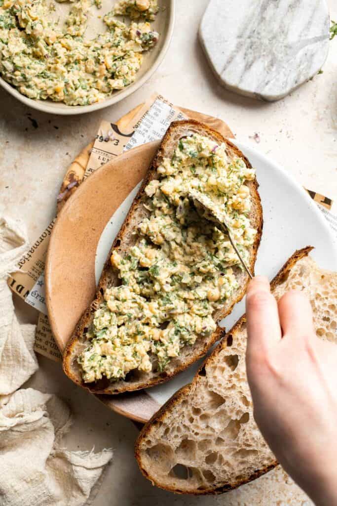 Vegan chickpea salad sandwich made with simple ingredients, creamy texture, and fresh herbs. Easy, healthy chickpea tuna salad alternative. | aheadofthyme.com
