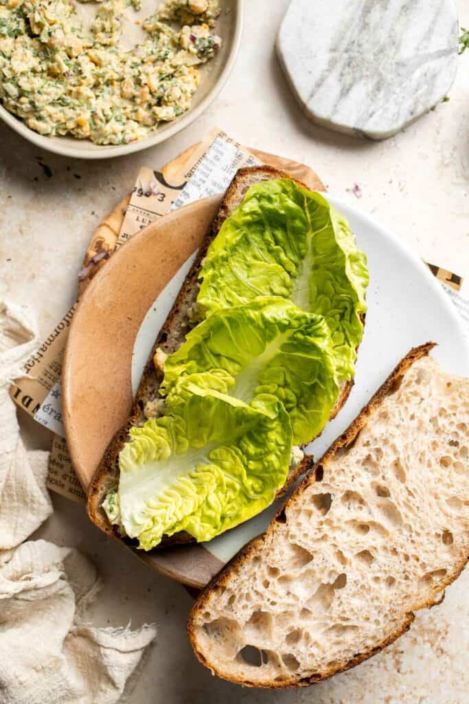 Vegan chickpea salad sandwich made with simple ingredients, creamy texture, and fresh herbs. Easy, healthy chickpea tuna salad alternative. | aheadofthyme.com
