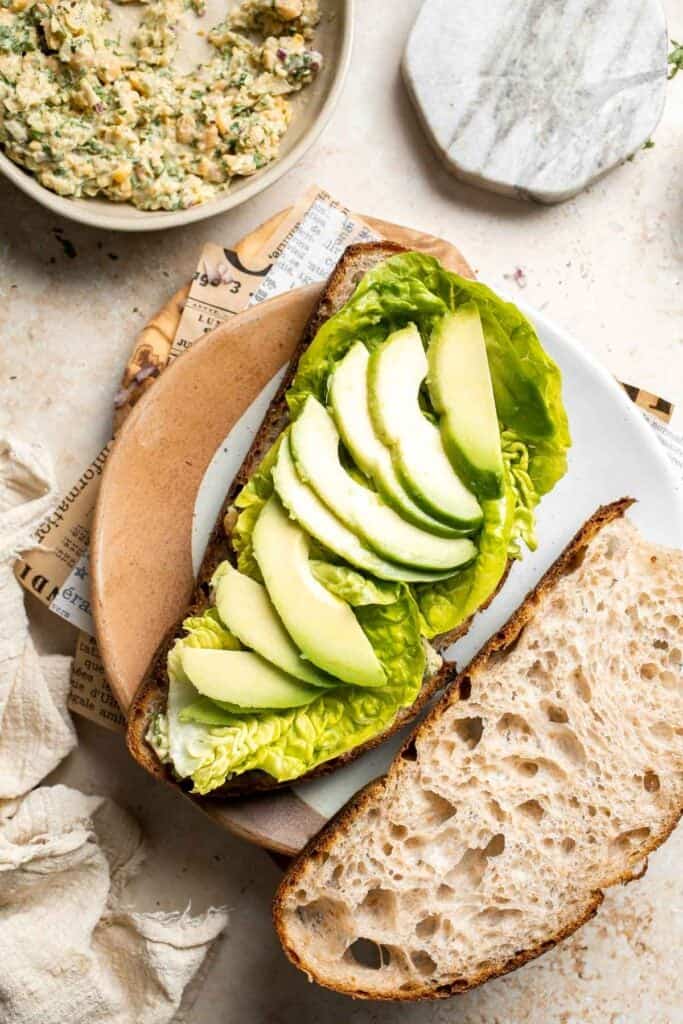 Vegan chickpea salad sandwich made with simple ingredients, creamy texture, and fresh herbs. Easy, healthy chickpea tuna salad alternative. | aheadofthyme.com