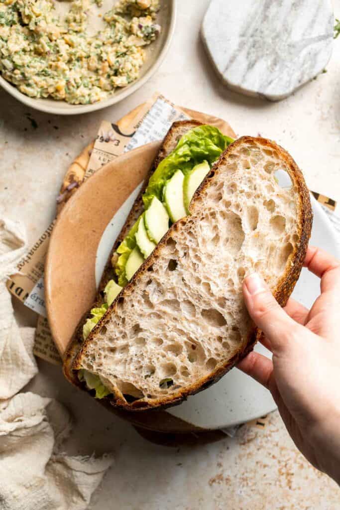 Vegan chickpea salad sandwich made with simple ingredients, creamy texture, and fresh herbs. Easy, healthy chickpea tuna salad alternative. | aheadofthyme.com