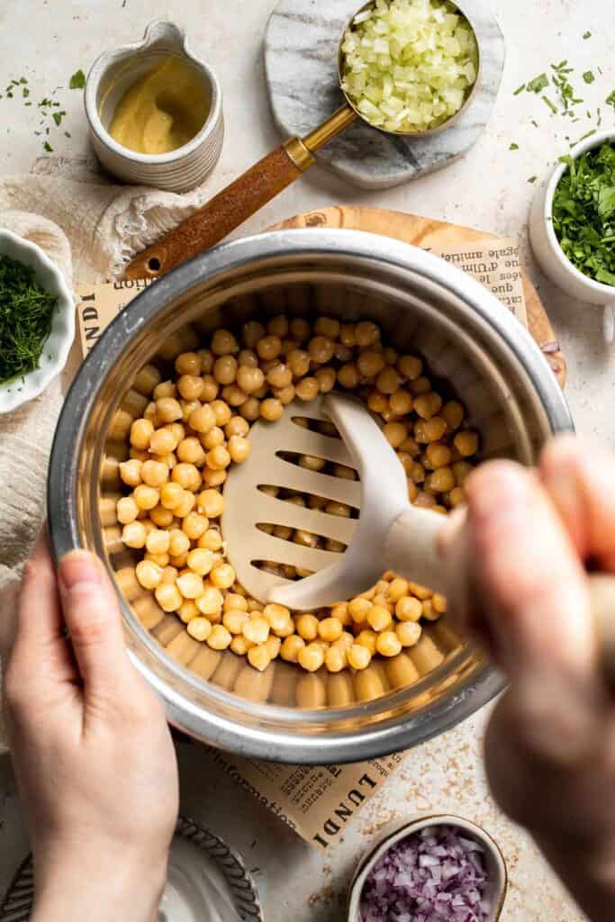 Vegan chickpea salad sandwich made with simple ingredients, creamy texture, and fresh herbs. Easy, healthy chickpea tuna salad alternative. | aheadofthyme.com
