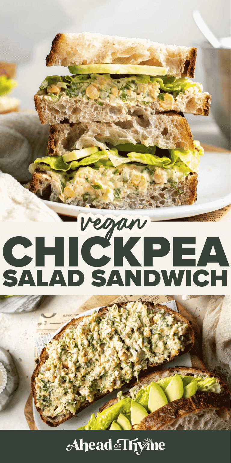 Vegan chickpea salad sandwich made with simple ingredients, creamy texture, and fresh herbs. Easy, healthy chickpea tuna salad alternative. | aheadofthyme.com