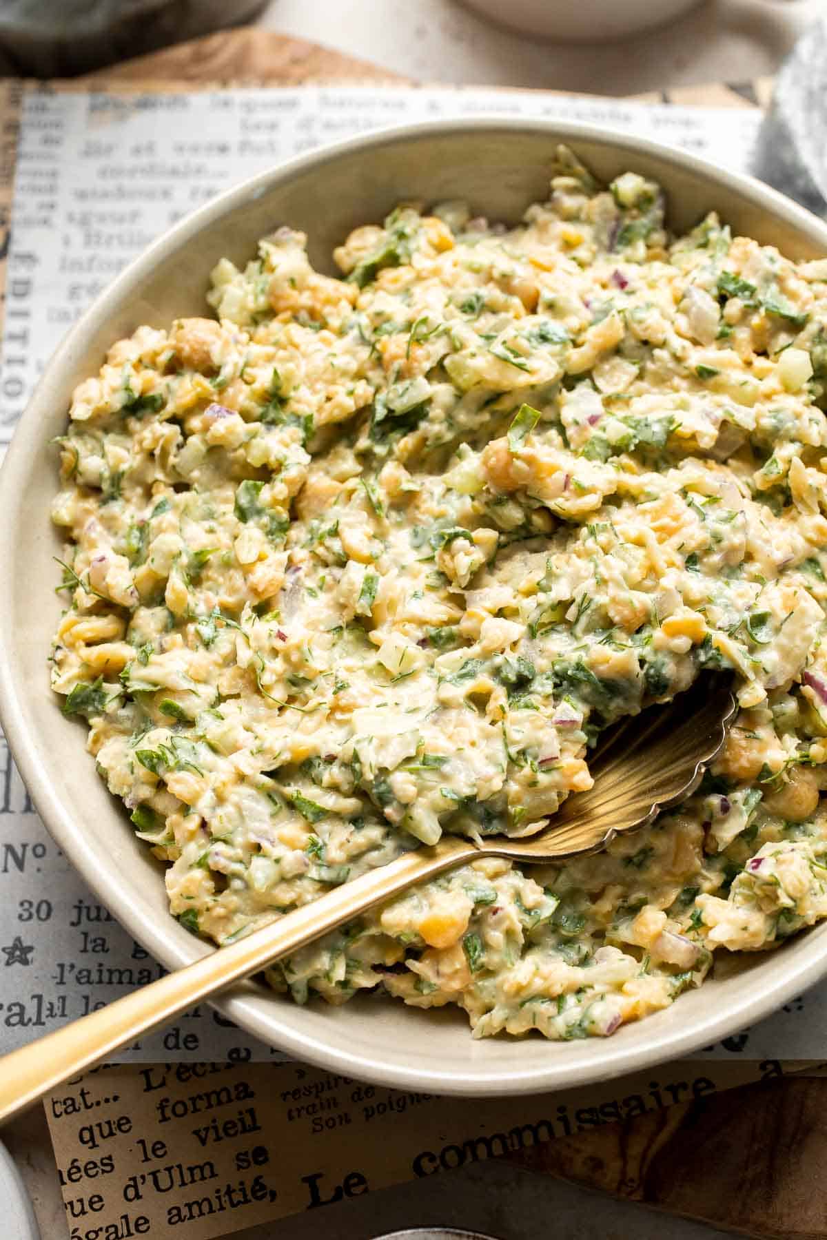 Vegan chickpea salad sandwich made with simple ingredients, creamy texture, and fresh herbs. Easy, healthy chickpea tuna salad alternative. | aheadofthyme.com