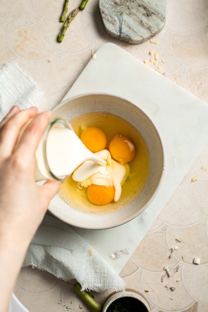 Creamy asparagus quiche with Gruyère cheese, flaky crust, and fresh dill, perfect for spring brunch, meal prep, or light dinner. | aheadofthyme.com