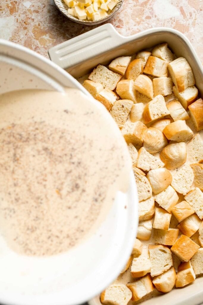 Overnight vanilla bean French toast casserole with buttery topping, perfect make ahead breakfast for holidays, brunch, and cozy weekends. | aheadofthyme.com