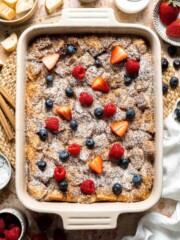 Overnight vanilla bean French toast casserole with buttery topping, perfect make ahead breakfast for holidays, brunch, and cozy weekends. | aheadofthyme.com