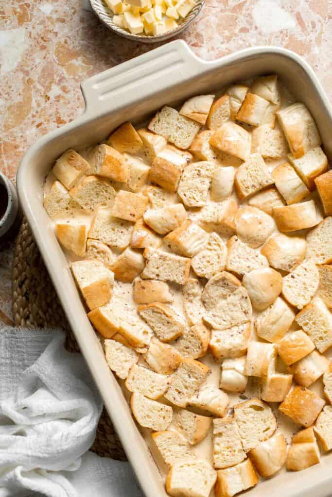 Overnight vanilla bean French toast casserole with buttery topping, perfect make ahead breakfast for holidays, brunch, and cozy weekends. | aheadofthyme.com