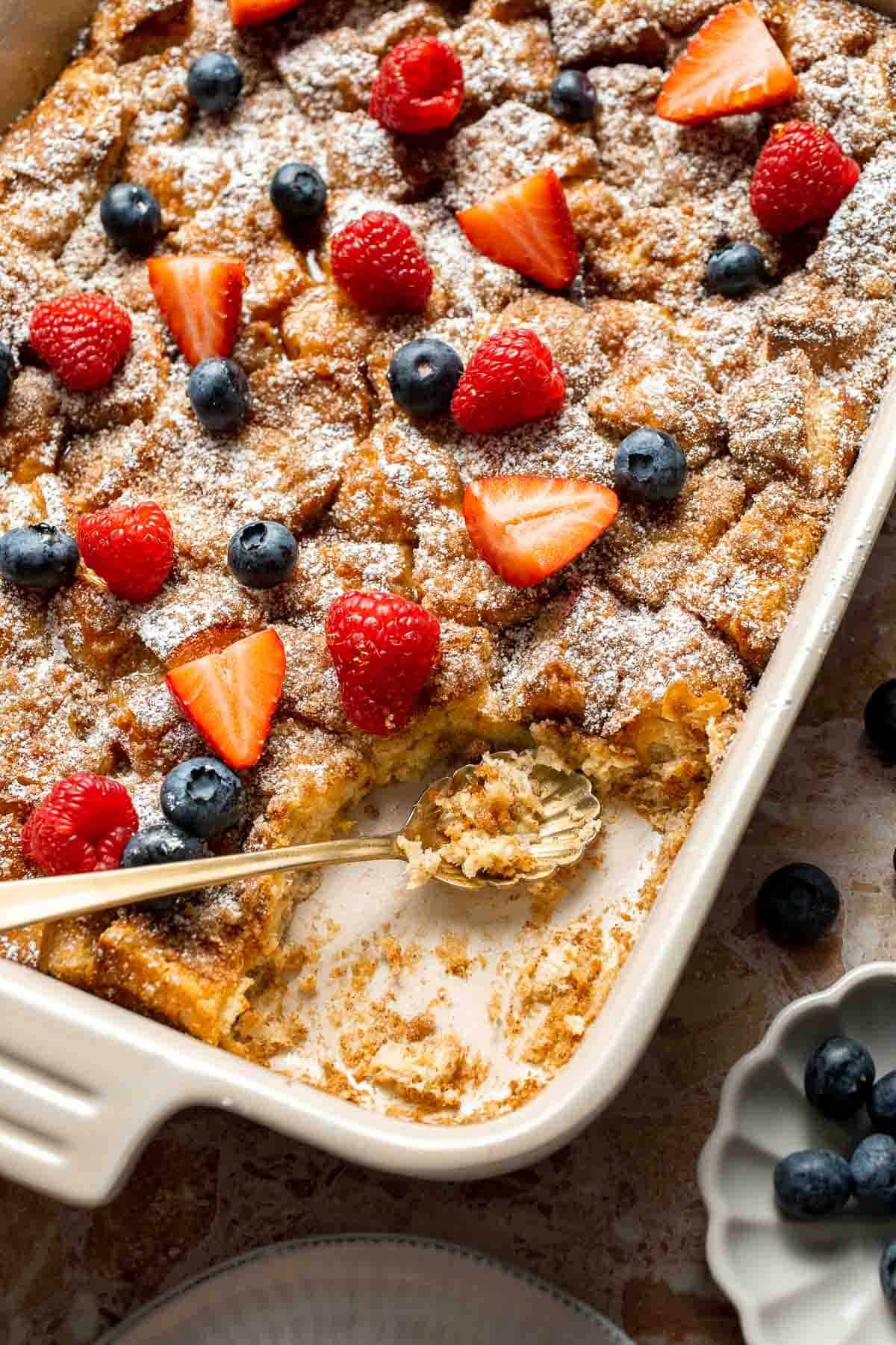 Overnight vanilla bean French toast casserole with buttery topping, perfect make ahead breakfast for holidays, brunch, and cozy weekends. | aheadofthyme.com
