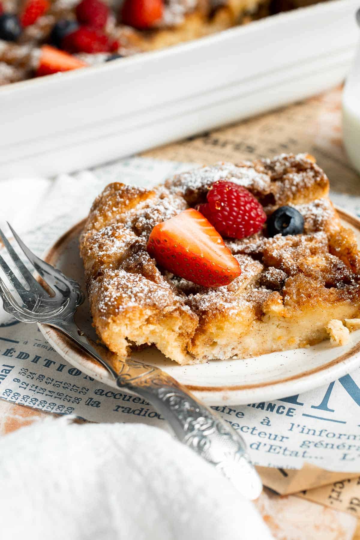 Overnight vanilla bean French toast casserole with buttery topping, perfect make ahead breakfast for holidays, brunch, and cozy weekends. | aheadofthyme.com
