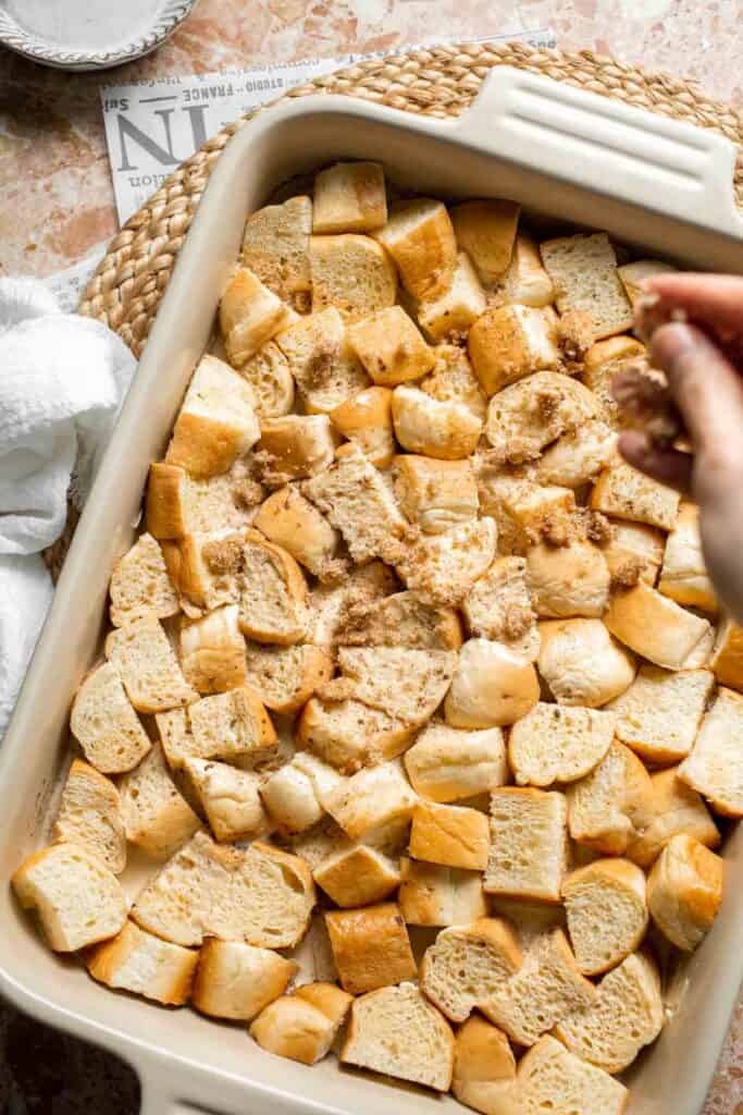 Overnight vanilla bean French toast casserole with buttery topping, perfect make ahead breakfast for holidays, brunch, and cozy weekends. | aheadofthyme.com