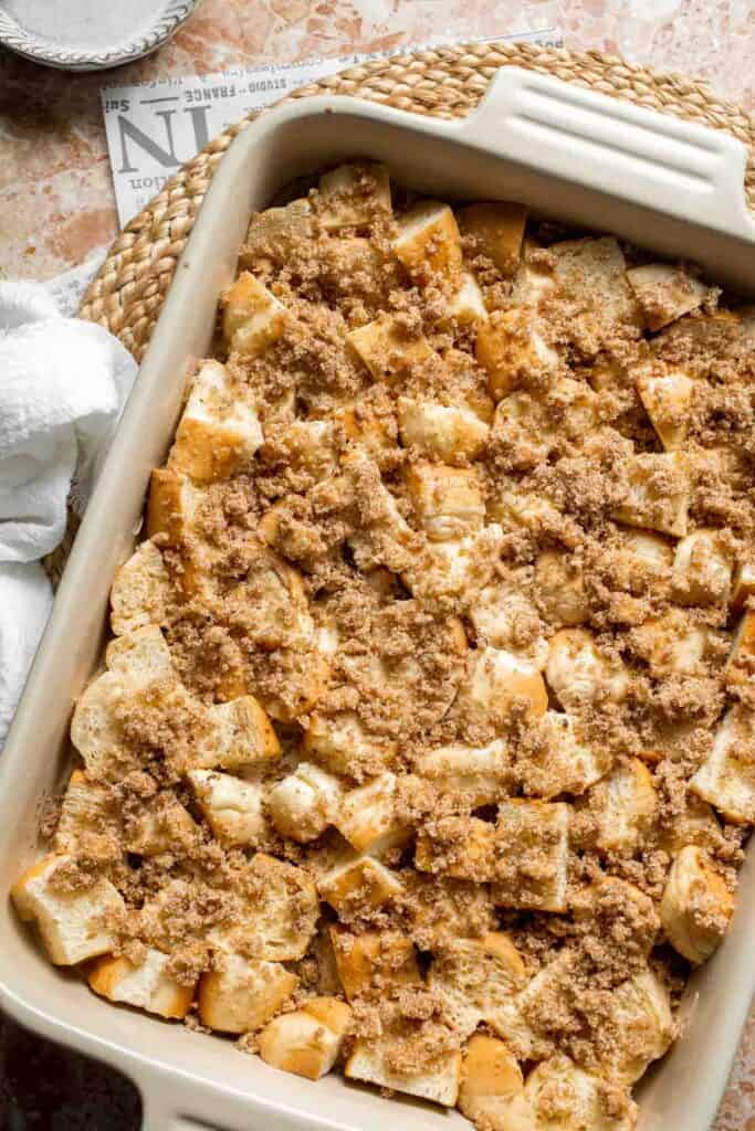 Overnight vanilla bean French toast casserole with buttery topping, perfect make ahead breakfast for holidays, brunch, and cozy weekends. | aheadofthyme.com