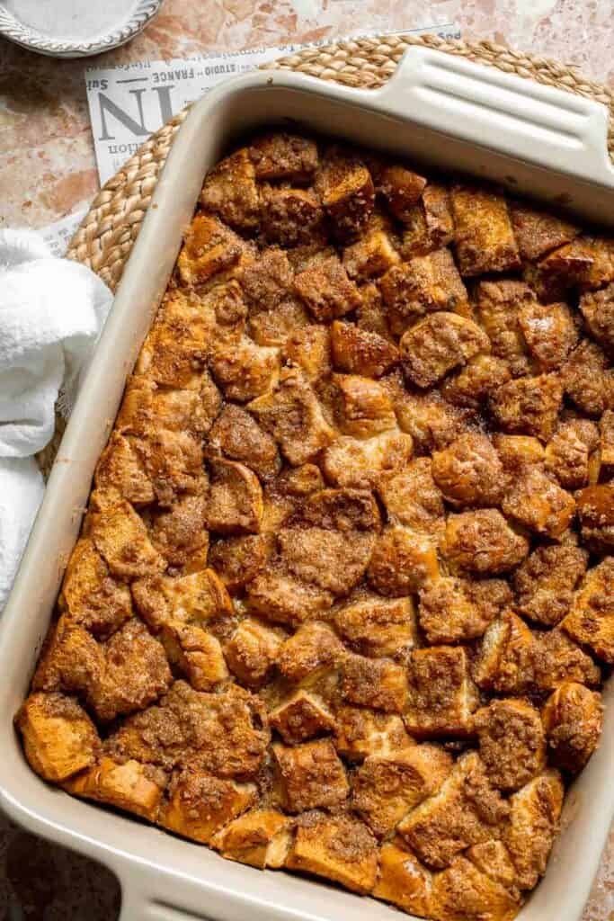 Overnight vanilla bean French toast casserole with buttery topping, perfect make ahead breakfast for holidays, brunch, and cozy weekends. | aheadofthyme.com