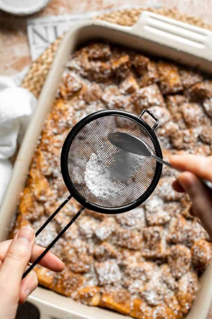 Overnight vanilla bean French toast casserole with buttery topping, perfect make ahead breakfast for holidays, brunch, and cozy weekends. | aheadofthyme.com