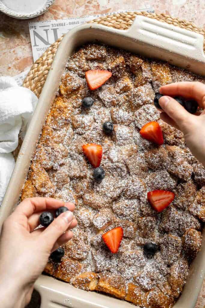 Overnight vanilla bean French toast casserole with buttery topping, perfect make ahead breakfast for holidays, brunch, and cozy weekends. | aheadofthyme.com