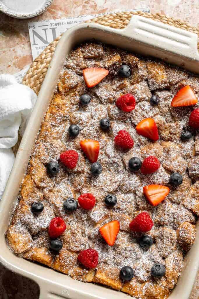 Overnight vanilla bean French toast casserole with buttery topping, perfect make ahead breakfast for holidays, brunch, and cozy weekends. | aheadofthyme.com