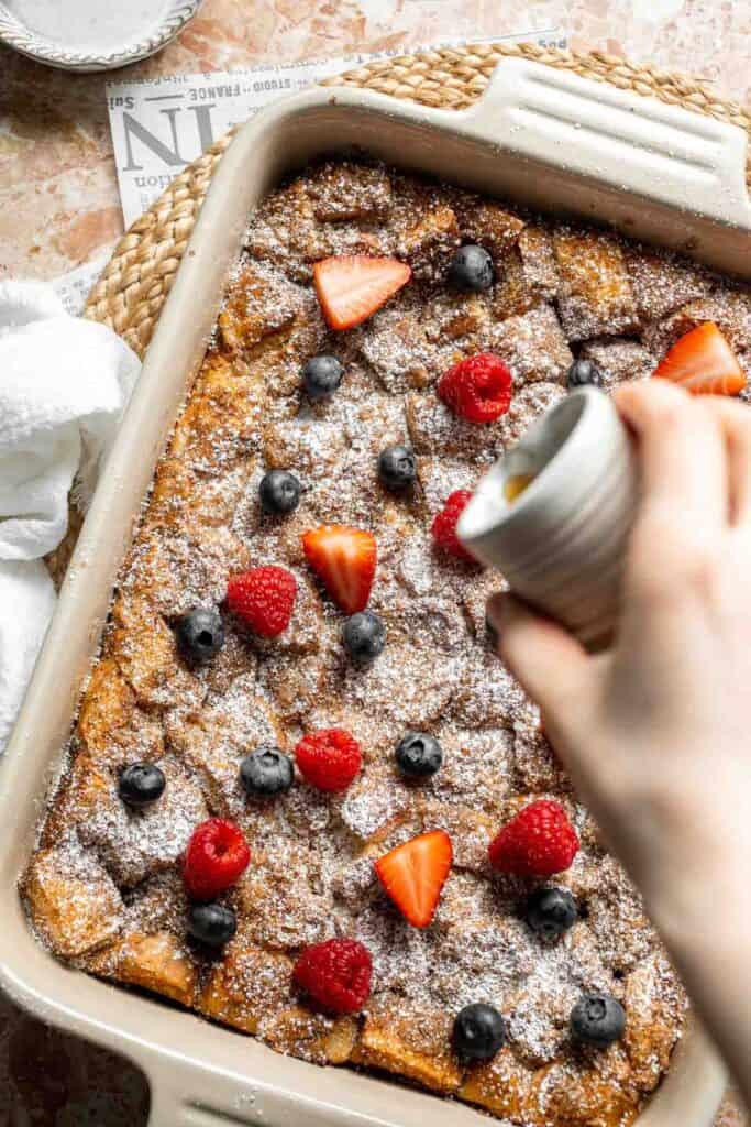 Overnight vanilla bean French toast casserole with buttery topping, perfect make ahead breakfast for holidays, brunch, and cozy weekends. | aheadofthyme.com