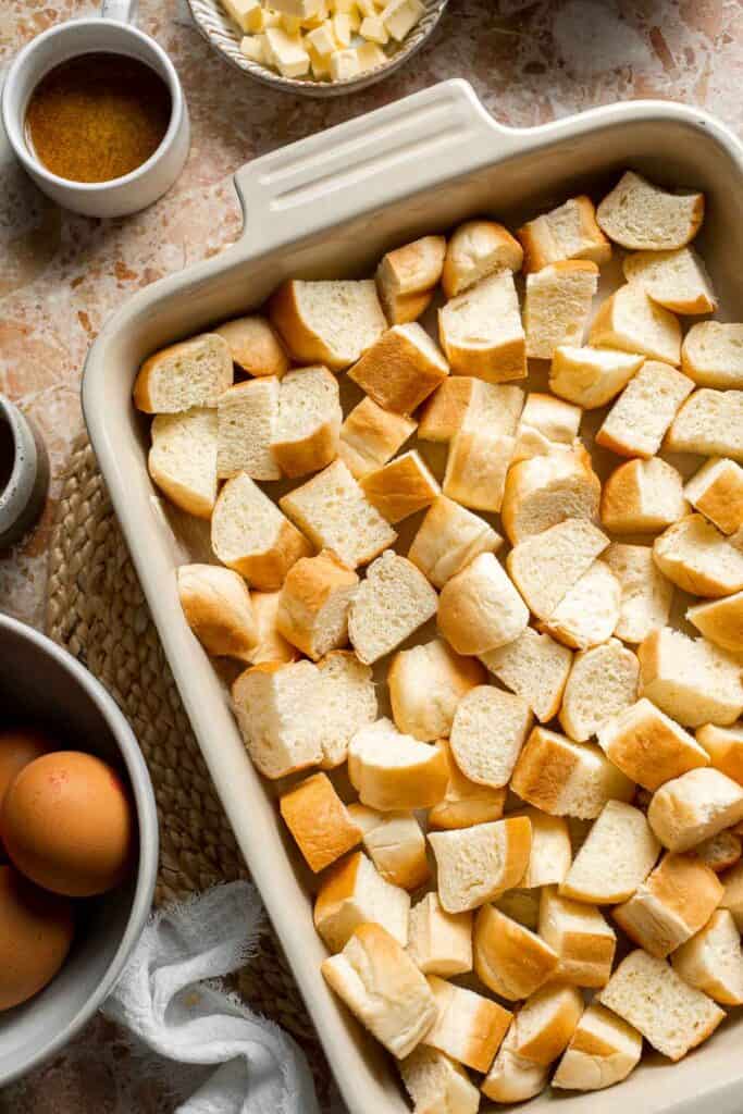 Overnight vanilla bean French toast casserole with buttery topping, perfect make ahead breakfast for holidays, brunch, and cozy weekends. | aheadofthyme.com