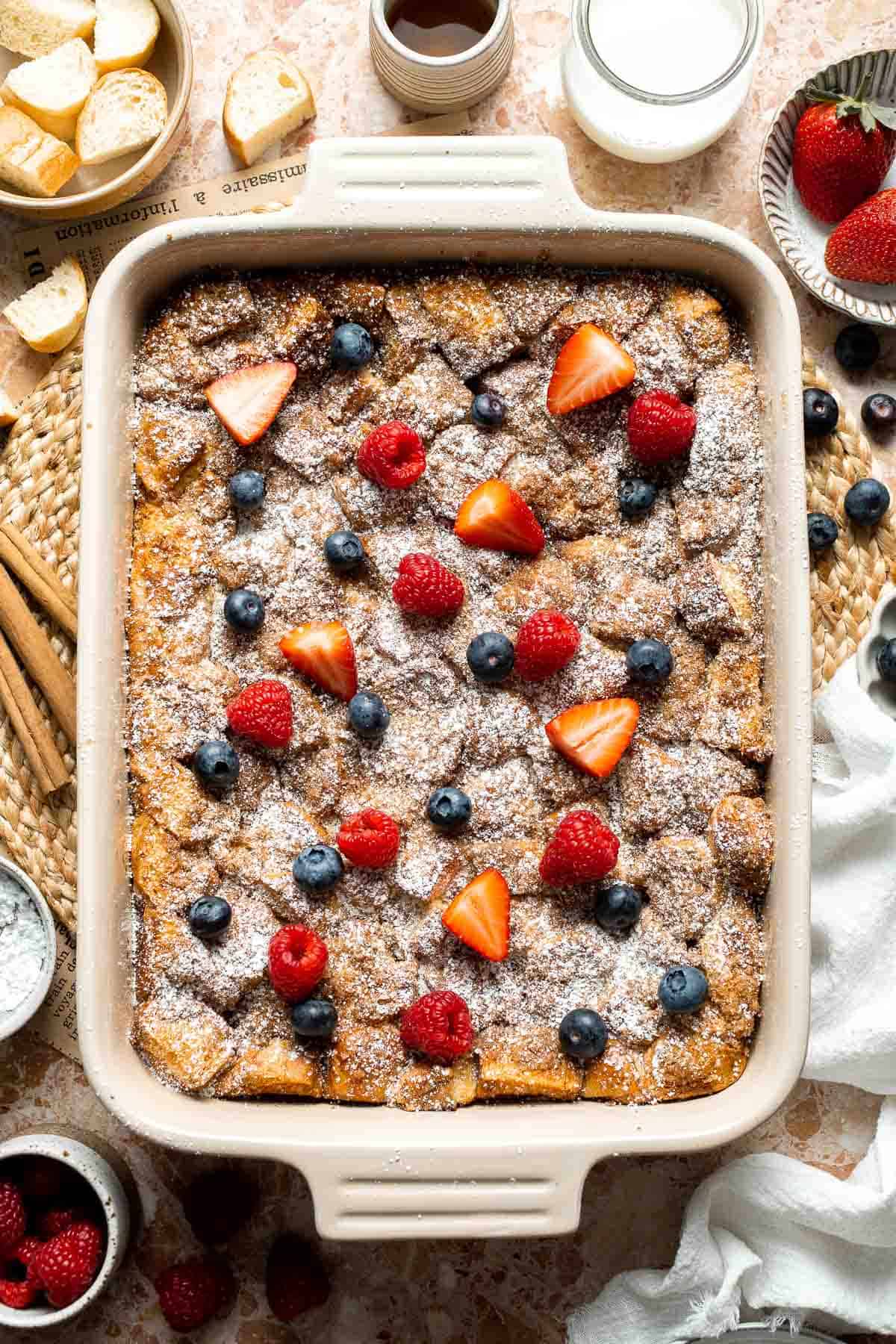 Overnight vanilla bean French toast casserole with buttery topping, perfect make ahead breakfast for holidays, brunch, and cozy weekends. | aheadofthyme.com