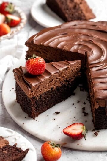 Chocolate mousse cake with rich layers, fluffy mousse, and glossy ganache. Easy, decadent dessert perfect for celebrations and chocolate lovers. | aheadofthyme.com