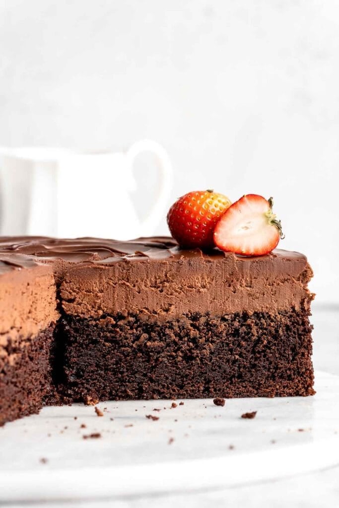 Chocolate mousse cake with rich layers, fluffy mousse, and glossy ganache. Easy, decadent dessert perfect for celebrations and chocolate lovers. | aheadofthyme.com
