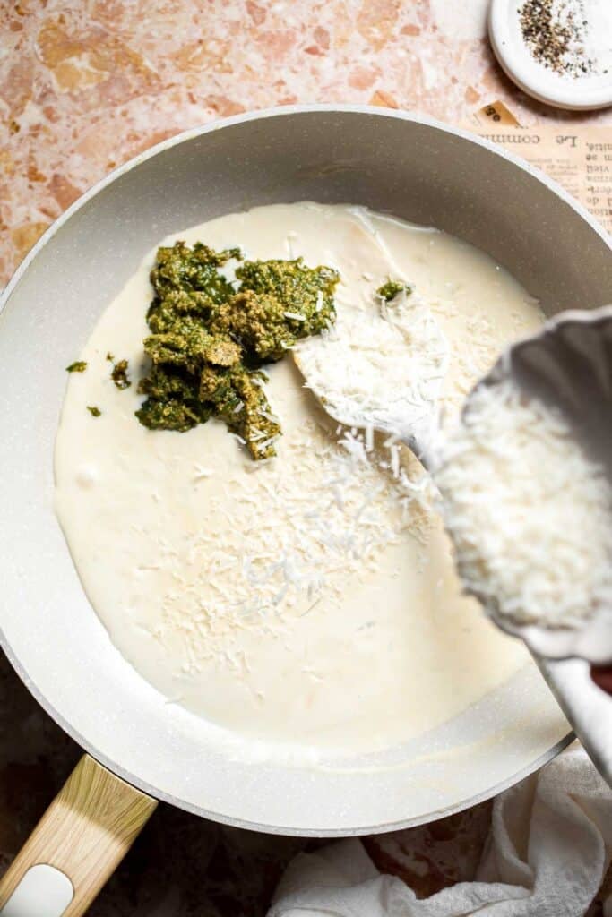Easy creamy pesto pasta with basil pesto, Parmesan, and garlic. Quick, flavorful weeknight pasta dinner ready in just 20 minutes. | aheadofthyme.com