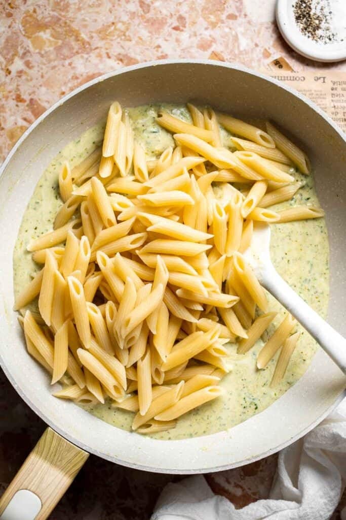 Easy creamy pesto pasta with basil pesto, Parmesan, and garlic. Quick, flavorful weeknight pasta dinner ready in just 20 minutes. | aheadofthyme.com