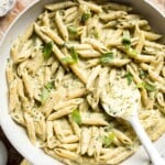 Easy creamy pesto pasta with basil pesto, Parmesan, and garlic. Quick, flavorful weeknight pasta dinner ready in just 20 minutes. | aheadofthyme.com