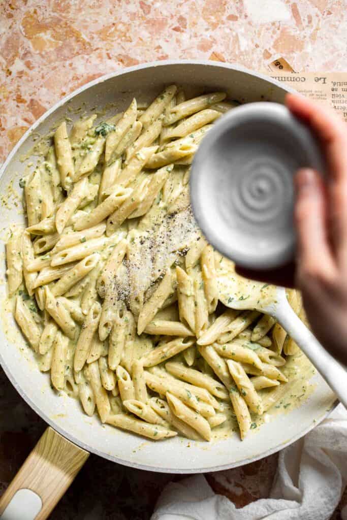 Easy creamy pesto pasta with basil pesto, Parmesan, and garlic. Quick, flavorful weeknight pasta dinner ready in just 20 minutes. | aheadofthyme.com